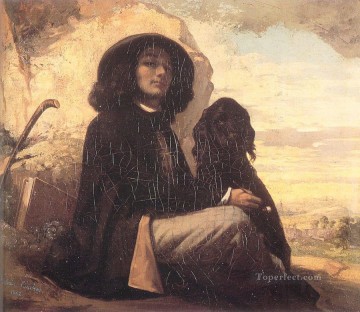  black Oil Painting - Self Portrait Courbet with a Black Dog Realist Realism painter Gustave Courbet